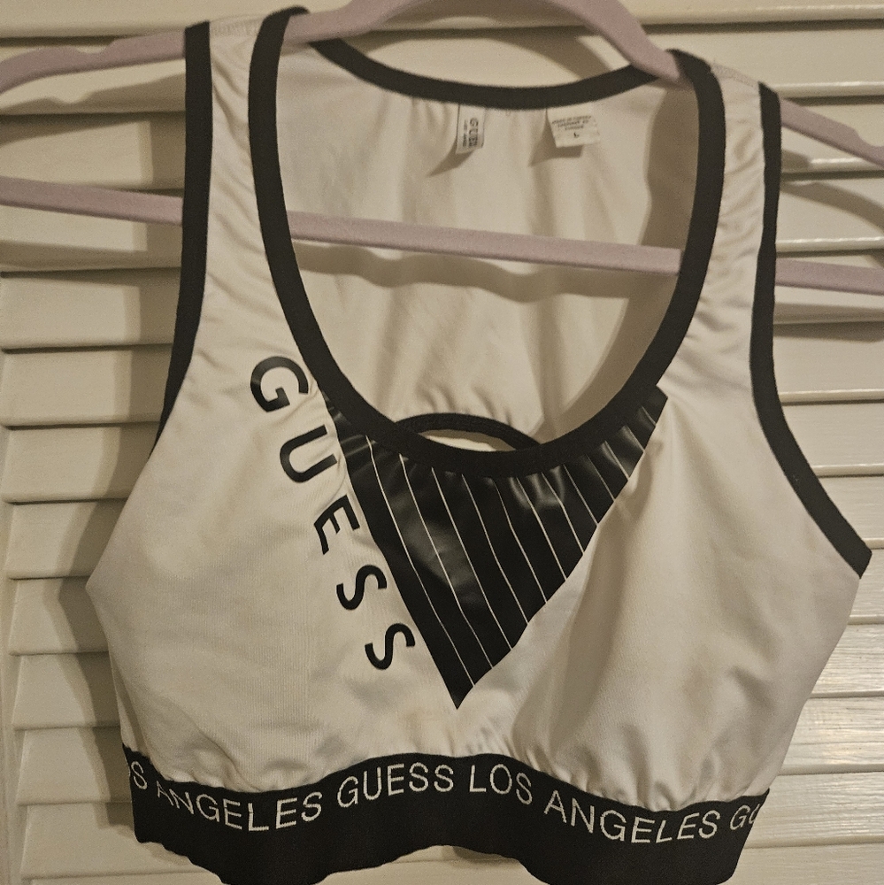 Guess Black and White Logo Sports Bra Size Large